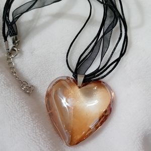 Large glass heart necklace pendant choker sandy brown